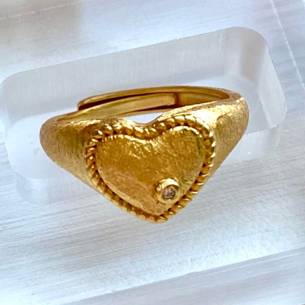 Gold Heart Signet Ring with Bead Detail